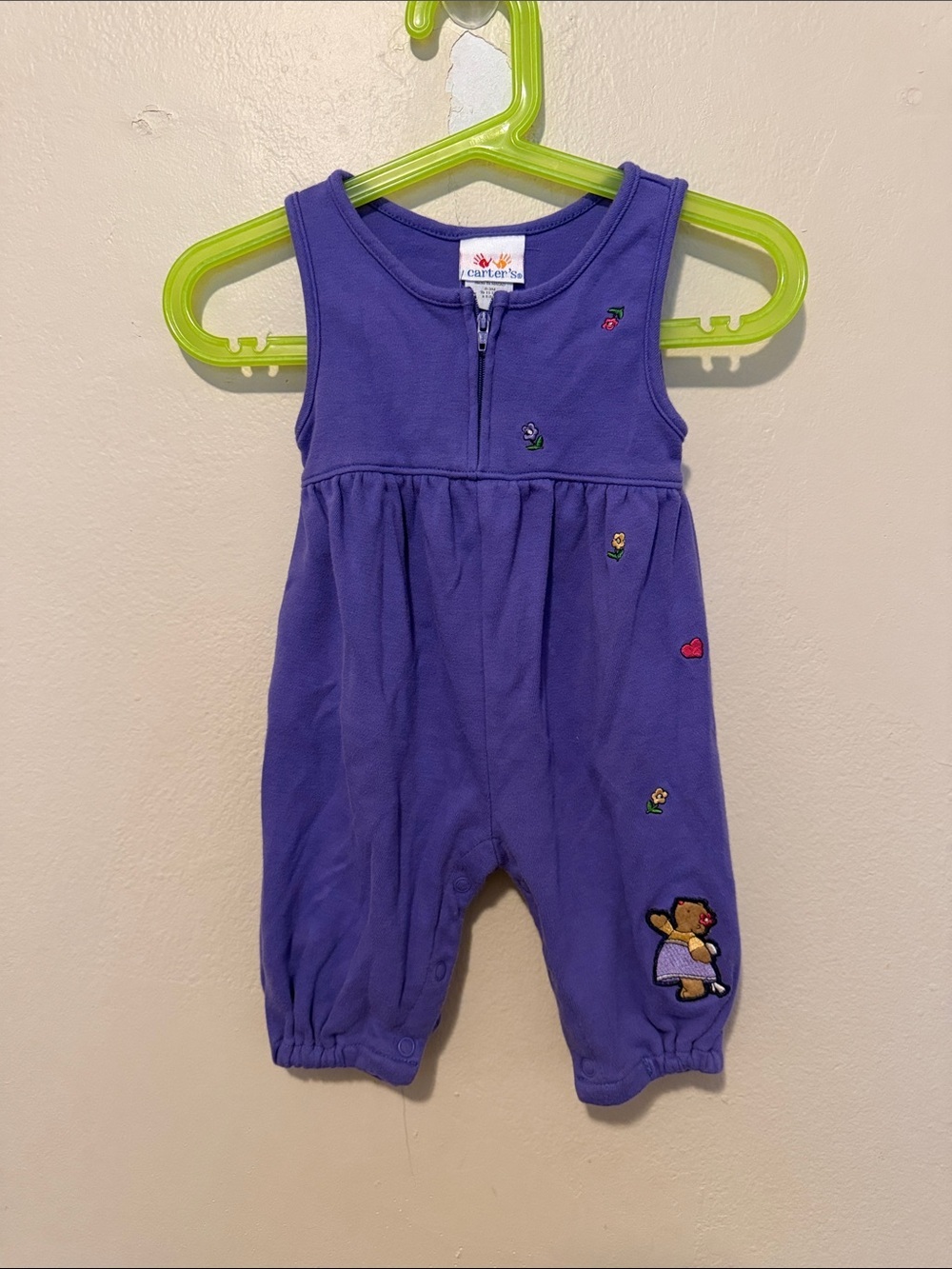 Carter's Purple Sleeveless Embroidered Bear Romper